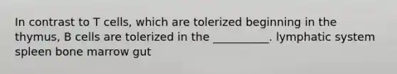In contrast to T cells, which are tolerized beginning in the thymus, B cells are tolerized in the __________. lymphatic system spleen bone marrow gut