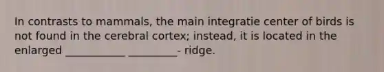 In contrasts to mammals, the main integratie center of birds is not found in the cerebral cortex; instead, it is located in the enlarged ___________ _________- ridge.