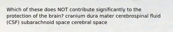 Which of these does NOT contribute significantly to the protection of the brain? cranium dura mater cerebrospinal fluid (CSF) subarachnoid space cerebral space