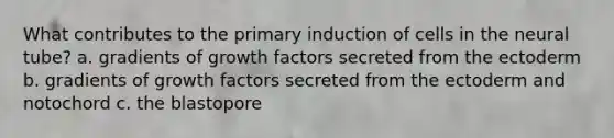 What contributes to the primary induction of cells in the neural tube? a. gradients of growth factors secreted from the ectoderm b. gradients of growth factors secreted from the ectoderm and notochord c. the blastopore