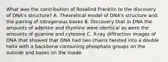 What was the contribution of Rosalind Franklin to the discovery of DNA's structure? A. Theoretical model of DNA's structure and the pairing of nitrogenous bases B. Discovery that in DNA the amounts of adenine and thymine were identical as were the amounts of guanine and cytosine C. X-ray diffraction images of DNA that showed that DNA had two chains twisted into a double helix with a backbone containing phosphate groups on the outside and bases on the inside