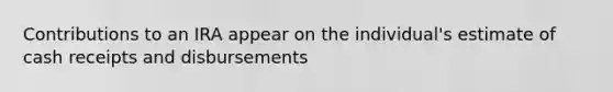 Contributions to an IRA appear on the individual's estimate of cash receipts and disbursements