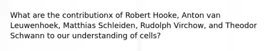 What are the contributionx of Robert Hooke, Anton van Leuwenhoek, Matthias Schleiden, Rudolph Virchow, and Theodor Schwann to our understanding of cells?