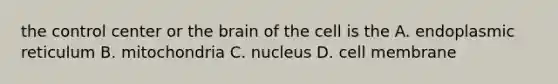 the control center or the brain of the cell is the A. endoplasmic reticulum B. mitochondria C. nucleus D. cell membrane