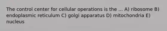 The control center for cellular operations is the ... A) ribosome B) endoplasmic reticulum C) golgi apparatus D) mitochondria E) nucleus