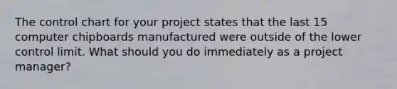 The control chart for your project states that the last 15 computer chipboards manufactured were outside of the lower control limit. What should you do immediately as a project manager?