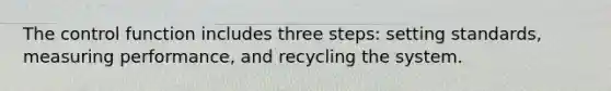 The control function includes three steps: setting standards, measuring performance, and recycling the system.