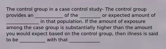 The control group in a case control study- The control group provides an ____________ of the _________ or expected amount of ______________ in that population. If the amount of exposure among the case group is substantially higher than the amount you would expect based on the control group, then illness is said to be ___________ with that _____________