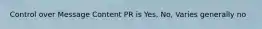 Control over Message Content PR is Yes, No, Varies generally no