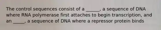 The control sequences consist of a ______, a sequence of DNA where RNA polymerase first attaches to begin transcription, and an _____, a sequence of DNA where a repressor protein binds