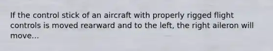 If the control stick of an aircraft with properly rigged flight controls is moved rearward and to the left, the right aileron will move...