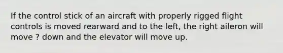 If the control stick of an aircraft with properly rigged flight controls is moved rearward and to the left, the right aileron will move ? down and the elevator will move up.