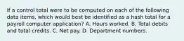 If a control total were to be computed on each of the following data items, which would best be identified as a hash total for a payroll computer application? A. Hours worked. B. Total debits and total credits. C. Net pay. D. Department numbers.