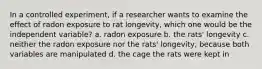 In a controlled experiment, if a researcher wants to examine the effect of radon exposure to rat longevity, which one would be the independent variable? a. radon exposure b. the rats' longevity c. neither the radon exposure nor the rats' longevity, because both variables are manipulated d. the cage the rats were kept in