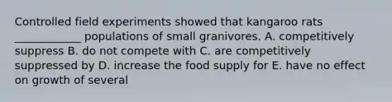 Controlled field experiments showed that kangaroo rats ____________ populations of small granivores. A. competitively suppress B. do not compete with C. are competitively suppressed by D. increase the food supply for E. have no effect on growth of several