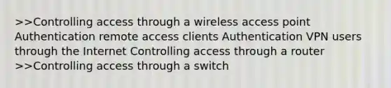 >>Controlling access through a wireless access point Authentication remote access clients Authentication VPN users through the Internet Controlling access through a router >>Controlling access through a switch