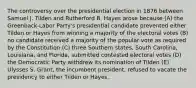 The controversy over the presidential election in 1876 between Samuel J. Tilden and Rutherford B. Hayes arose because (A) the Greenback-Labor Party's presidential candidate prevented either Tilden or Hayes from winning a majority of the electoral votes (B) no candidate received a majority of the popular vote as required by the Constitution (C) three Southern states, South Carolina, Louisiana, and Florida, submitted contested electoral votes (D) the Democratic Party withdrew its nomination of Tilden (E) Ulysses S. Grant, the incumbent president, refused to vacate the presidency to either Tilden or Hayes.