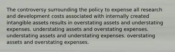 The controversy surrounding the policy to expense all research and development costs associated with internally created intangible assets results in overstating assets and understating expenses. understating assets and overstating expenses. understating assets and understating expenses. overstating assets and overstating expenses.