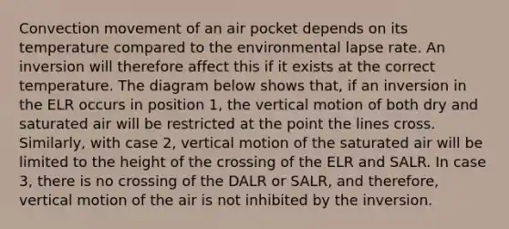 Convection movement of an air pocket depends on its temperature compared to the environmental lapse rate. An inversion will therefore affect this if it exists at the correct temperature. The diagram below shows that, if an inversion in the ELR occurs in position 1, the vertical motion of both dry and saturated air will be restricted at the point the lines cross. Similarly, with case 2, vertical motion of the saturated air will be limited to the height of the crossing of the ELR and SALR. In case 3, there is no crossing of the DALR or SALR, and therefore, vertical motion of the air is not inhibited by the inversion.