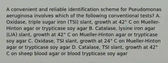 A convenient and reliable identification scheme for Pseudomonas aeruginosa involves which of the following conventional tests? A. Oxidase, triple sugar iron (TSI) slant, growth at 42° C on Mueller-Hinton agar or trypticase soy agar B. Catalase, lysine iron agar (LIA) slant, growth at 42° C on Mueller-Hinton agar or trypticase soy agar C. Oxidase, TSI slant, growth at 24° C on Mueller-Hinton agar or trypticase soy agar D. Catalase, TSI slant, growth at 42° C on sheep blood agar or blood trypticase soy agar