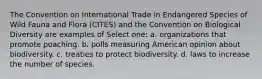 The Convention on International Trade in Endangered Species of Wild Fauna and Flora (CITES) and the Convention on Biological Diversity are examples of Select one: a. organizations that promote poaching. b. polls measuring American opinion about biodiversity. c. treaties to protect biodiversity. d. laws to increase the number of species.