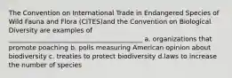 The Convention on International Trade in Endangered Species of Wild Fauna and Flora (CITES)and the Convention on Biological Diversity are examples of _________________________________________ a. organizations that promote poaching b. polls measuring American opinion about biodiversity c. treaties to protect biodiversity d.laws to increase the number of species