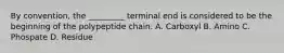 By convention, the _________ terminal end is considered to be the beginning of the polypeptide chain. A. Carboxyl B. Amino C. Phospate D. Residue