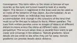 Convergence: This term refers to the strain or tension of eye muscles as the eyes are turned inward to look at a nearby object. This tension is registered in the brain and can be used as an index of the distance of that object. Accommodation: As an object comes closer, an individual may sense the accommodation (the change in the curvature of the lens) that must occur for the eye to adjust its focus. Motion parallax: The cues from motion parallax come as images of objects at different distances move across the retina at different rates. Linear perspective: This occurs when lines or parallel lines seem to get closer and converge in the distance. Texture gradients: Since details are too small to see when they are far away, texture gradients can provide details about distance.