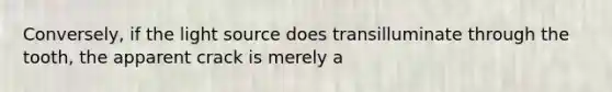 Conversely, if the light source does transilluminate through the tooth, the apparent crack is merely a