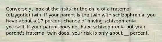 Conversely, look at the risks for the child of a fraternal (dizygotic) twin. If your parent is the twin with schizophrenia, you have about a 17 percent chance of having schizophrenia yourself. If your parent does not have schizophrenia but your parent's fraternal twin does, your risk is only about __ percent.