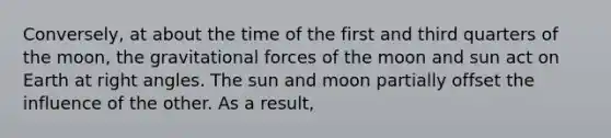 Conversely, at about the time of the first and third quarters of the moon, the gravitational forces of the moon and sun act on Earth at right angles. The sun and moon partially offset the influence of the other. As a result,