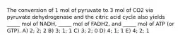 The conversion of 1 mol of pyruvate to 3 mol of CO2 via pyruvate dehydrogenase and the citric acid cycle also yields _____ mol of NADH, _____ mol of FADH2, and _____ mol of ATP (or GTP). A) 2; 2; 2 B) 3; 1; 1 C) 3; 2; 0 D) 4; 1; 1 E) 4; 2; 1