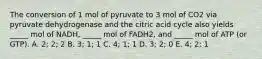 The conversion of 1 mol of pyruvate to 3 mol of CO2 via pyruvate dehydrogenase and the citric acid cycle also yields _____ mol of NADH, _____ mol of FADH2, and _____ mol of ATP (or GTP). A. 2; 2; 2 B. 3; 1; 1 C. 4; 1; 1 D. 3; 2; 0 E. 4; 2; 1