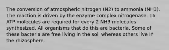 The conversion of atmospheric nitrogen (N2) to ammonia (NH3). The reaction is driven by the enzyme complex nitrogenase. 16 ATP molecules are required for every 2 NH3 molecules synthesized. All organisms that do this are bacteria. Some of these bacteria are free living in the soil whereas others live in the rhizosphere.