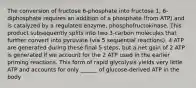 The conversion of fructose 6-phosphate into fructose 1, 6-diphosphate requires an addition of a phosphate (from ATP) and is catalyzed by a regulated enzyme, phosphofructokinase. This product subsequently splits into two 3-carbon molecules that further convert into pyruvate (via 5 sequential reactions). 4 ATP are generated during these final 5 steps, but a net gain of 2 ATP is generated if we account for the 2 ATP used in the earlier priming reactions. This form of rapid glycolysis yields very little ATP and accounts for only ______ of glucose-derived ATP in the body