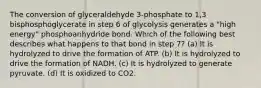 The conversion of glyceraldehyde 3-phosphate to 1,3 bisphosphoglycerate in step 6 of glycolysis generates a "high energy" phosphoanhydride bond. Which of the following best describes what happens to that bond in step 7? (a) It is hydrolyzed to drive the formation of ATP. (b) It is hydrolyzed to drive the formation of NADH. (c) It is hydrolyzed to generate pyruvate. (d) It is oxidized to CO2.