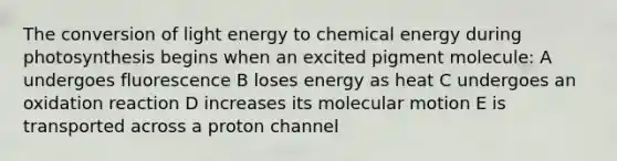 The conversion of light energy to chemical energy during photosynthesis begins when an excited pigment molecule: A undergoes fluorescence B loses energy as heat C undergoes an oxidation reaction D increases its molecular motion E is transported across a proton channel