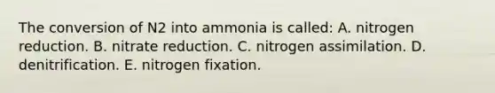 The conversion of N2 into ammonia is called: A. nitrogen reduction. B. nitrate reduction. C. nitrogen assimilation. D. denitrification. E. nitrogen fixation.