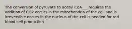 The conversion of pyruvate to acetyl CoA___ requires the addition of CO2 occurs in the mitochondria of the cell and is irreversible occurs in the nucleus of the cell is needed for red blood cell production