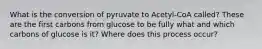 What is the conversion of pyruvate to Acetyl-CoA called? These are the first carbons from glucose to be fully what and which carbons of glucose is it? Where does this process occur?