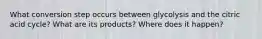 What conversion step occurs between glycolysis and the citric acid cycle? What are its products? Where does it happen?