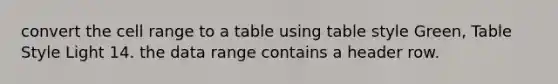 convert the cell range to a table using table style Green, Table Style Light 14. the data range contains a header row.