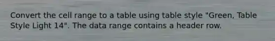 Convert the cell range to a table using table style "Green, Table Style Light 14". The data range contains a header row.