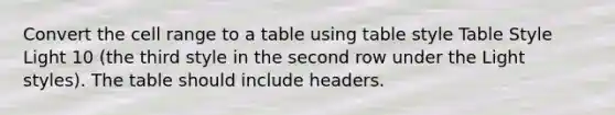 Convert the cell range to a table using table style Table Style Light 10 (the third style in the second row under the Light styles). The table should include headers.