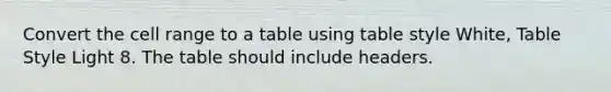 Convert the cell range to a table using table style White, Table Style Light 8. The table should include headers.