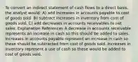 To convert an indirect statement of cash flows to a direct basis, the analyst would: A) add increases in accounts payable to cost of goods sold. B) subtract increases in inventory from cost of goods sold. C) add decreases in accounts receivables to net sales. Explanation References A decrease in accounts receivable represents an increase in cash so this should be added to sales. Increases in accounts payable represent an increase in cash so these should be subtracted from cost of goods sold. Increases in inventory represent a use of cash so these would be added to cost of goods sold.