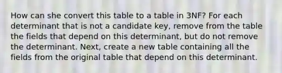 How can she convert this table to a table in 3NF? For each determinant that is not a candidate key, remove from the table the fields that depend on this determinant, but do not remove the determinant. Next, create a new table containing all the fields from the original table that depend on this determinant.