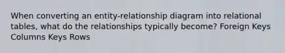 When converting an entity-relationship diagram into relational tables, what do the relationships typically become? Foreign Keys Columns Keys Rows