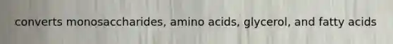 converts monosaccharides, amino acids, glycerol, and fatty acids