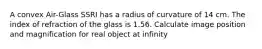 A convex Air-Glass SSRI has a radius of curvature of 14 cm. The index of refraction of the glass is 1.56. Calculate image position and magnification for real object at infinity